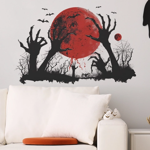 Pegatina Pared Halloween PVC Removible Luna de Sangre Manos de Zombie Murciélagos Telaraña Tema Horror Decoración Hogar
