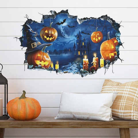 Adesivo da Parete 3D Halloween Castello di Zucche Effetto Muro Rotto PVC Autoadesivo per Soggiorno Camera da Letto