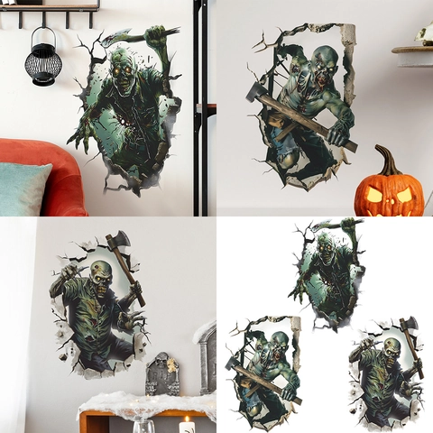 3D Halloween Zombie Muurstickers Horror Ondode Breekt Door Muur Met Bijl Verwijderbare PVC Muurschildering Voor Huisfeest Decor