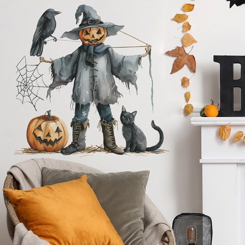 Adesivi Murali Halloween Spaventapasseri Di Zucca Ad Acquerello Con Cappello Da Strega Gatto Nero Corvo Per Arredo Casa