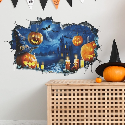 Adesivo da Parete 3D Halloween Castello di Zucche Effetto Muro Rotto PVC Autoadesivo per Soggiorno Camera da Letto