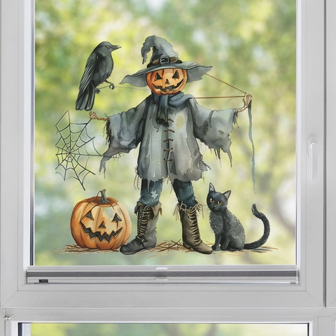 Adesivi Murali Halloween Spaventapasseri Di Zucca Ad Acquerello Con Cappello Da Strega Gatto Nero Corvo Per Arredo Casa