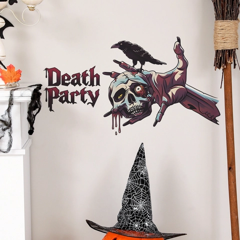 Halloween Horror Teschio Mano Zombie Corvo Adesivo da Parete Death Party Gotico PVC Autoadesivo Decalcomania per Casa Camera da Letto
