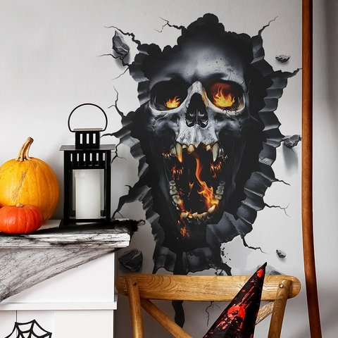 Adesivo Murale 3D Halloween Muro Rotto Horror Tristo Mietitore Teschio Fiammeggiante Mano Zombie PVC Per Decorazione
