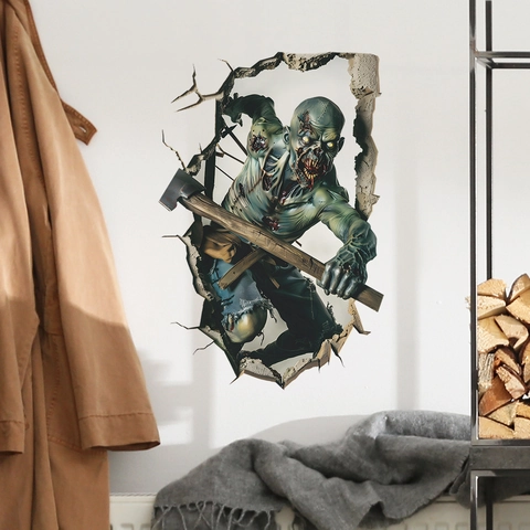 3D Halloween Zombie Muurstickers Horror Ondode Breekt Door Muur Met Bijl Verwijderbare PVC Muurschildering Voor Huisfeest Decor