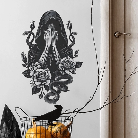 Gothic Skelett Schlange Rose Wandtattoo PVC Selbstklebend Halloween Deko Aufkleber Wohnzimmer Mysteriös Dunkel Wandbild