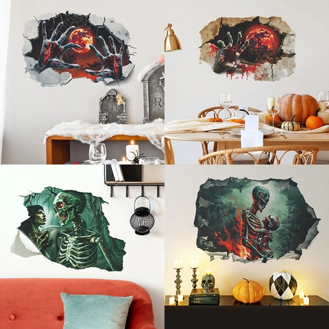 Adesivi Murali 3D Halloween Parete Rotta Orrore Teschio Mano Fantasma Luna Rossa Decalcomanie Murali PVC Rimovibili per Casa Festa