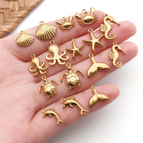 Gold Plated Stainless Steel Ocean Life DIY Pendants Octopus Crab Starfish Dolphin Turtle Seahorse Shell Jewelry Making Hanging Charms