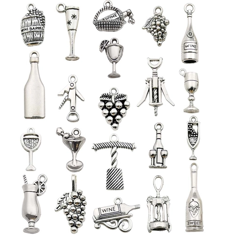 Vintage Antique Silver Alloy Wine Bottle Cup Opener Grape Charms For DIY Jewelry Making Necklace Bracelet Pendant Accessories