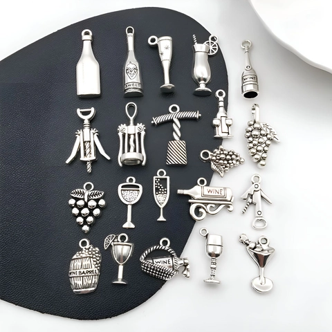 Vintage Antique Silver Alloy Wine Bottle Cup Opener Grape Charms For DIY Jewelry Making Necklace Bracelet Pendant Accessories