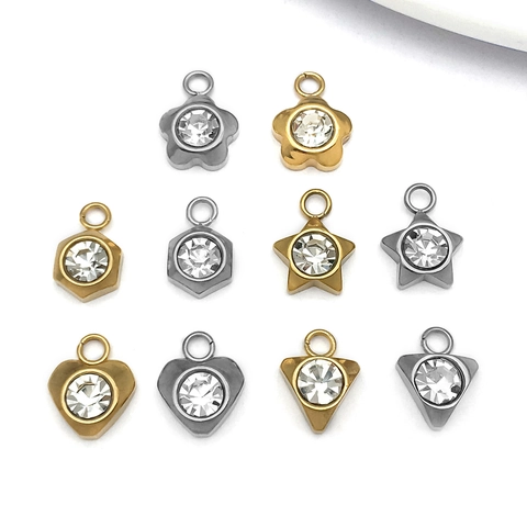 Stainless Steel Geometric Rhinestone Pendants Heart Star Triangle Hexagon Floral Charms For DIY Necklace Jewelry Making