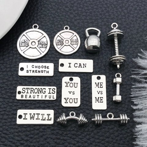 Antique Silver Zinc Alloy Sports Theme Charms Dumbbell Football Baseball Motivational Letter Pendants For DIY Jewelry Making