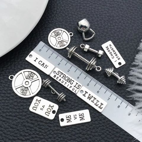 Antique Silver Zinc Alloy Sports Theme Charms Dumbbell Football Baseball Motivational Letter Pendants For DIY Jewelry Making