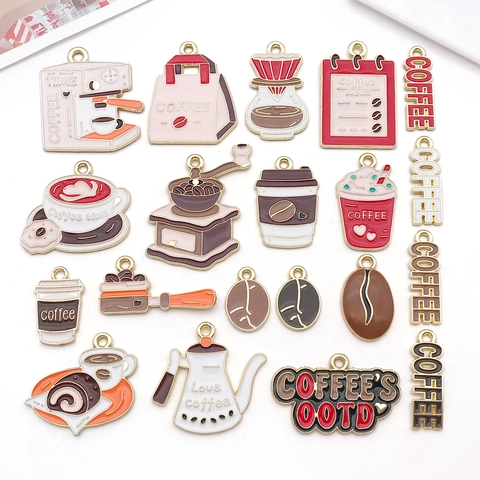 DIY Coffee Cup Cat Enamel Drip Oil Zinc Alloy Pendants For Jewelry Making Keychain Necklace Bag Accessories Cartoon Charms Set