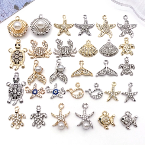 Alloy Rhinestone Sea Creature Charms For DIY Jewelry Making Starfish Turtle Shell Whale Tail Pendant Marine Craft Supplies