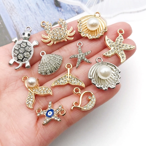 Alloy Rhinestone Sea Creature Charms For DIY Jewelry Making Starfish Turtle Shell Whale Tail Pendant Marine Craft Supplies