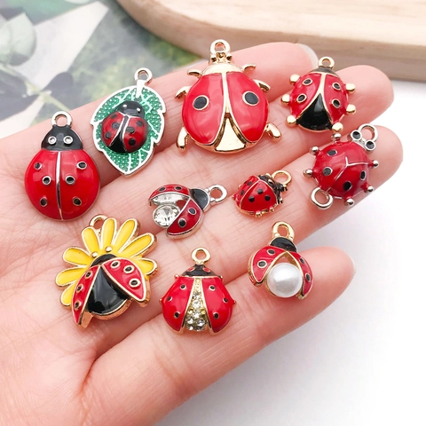 Pendentifs Coccinelle en Alliage Émaillé avec Strass et Perles Artificielles pour DIY Collier Bracelet Fabrication de Bijoux