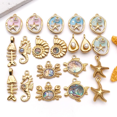 Stainless Steel Ocean Life Pendants For Jewelry Making Gold Plated Sea Star Crab Seahorse Shell DIY Necklace Charms For Women