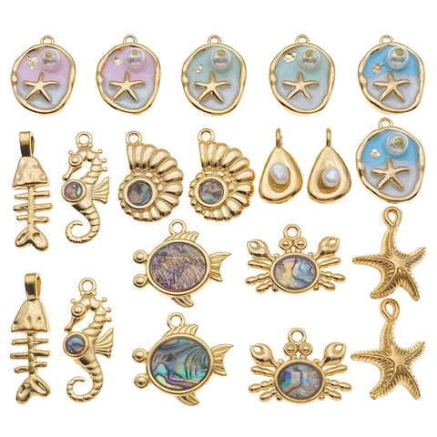 Stainless Steel Ocean Life Pendants For Jewelry Making Gold Plated Sea Star Crab Seahorse Shell DIY Necklace Charms For Women