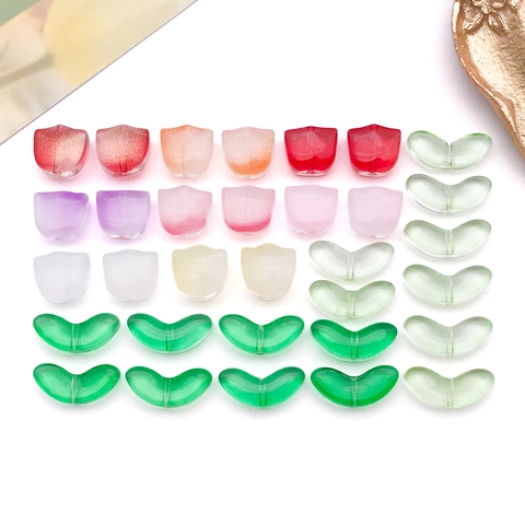 Gradient Lampwork Glass Tulip Flower Petal And Green Leaf Beads For DIY Jewelry Making Handmade Antique Style Bracelet Necklace Earring Material Accessories