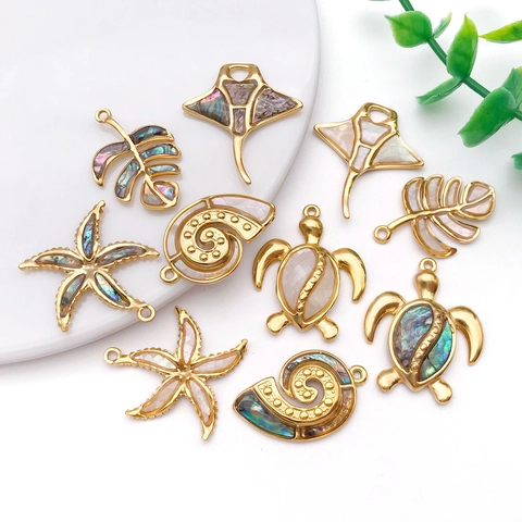 Stainless Steel Ocean Theme Pendants AB Color Sea Turtle Starfish Conch Shell Charms For DIY Necklace Bracelet Making Women