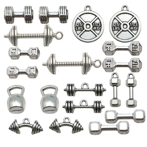 Antique Silver Fitness Theme Alloy Dumbbell Barbell Kettlebell Pendants Motivational Gym Sports Charms For DIY Jewelry Making Accessory