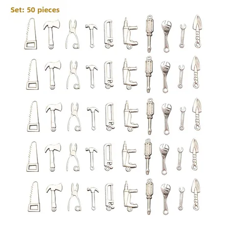 50Pcs Antique Silver Alloy Mini Simulation Tool Pendants DIY Jewelry Making Charms Hammer Axe Wrench Screwdriver Accessories