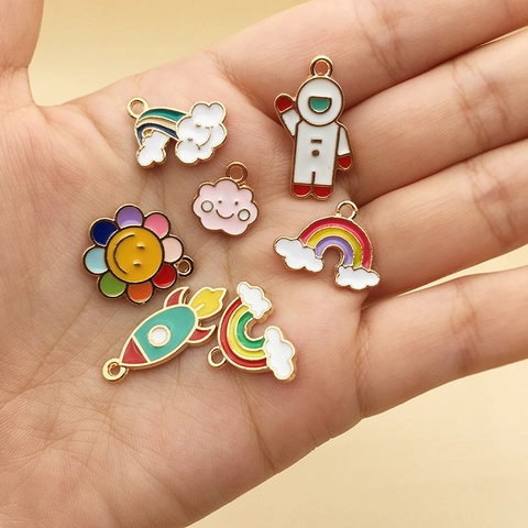 Cartoon Alloy Enamel Astronaut Cloud Rainbow Sun Flower Rocket Charms For DIY Jewelry Making Necklace Bracelet Pendants