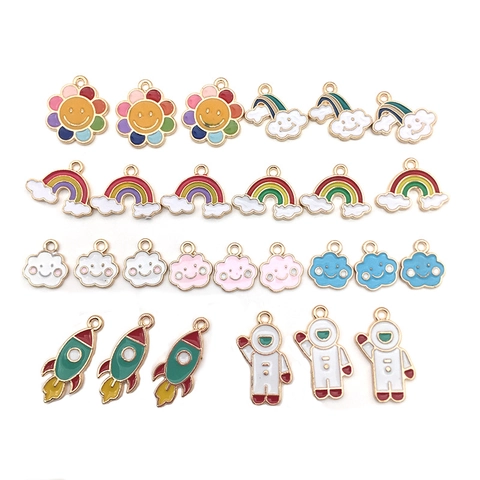 Cartoon Alloy Enamel Astronaut Cloud Rainbow Sun Flower Rocket Charms For DIY Jewelry Making Necklace Bracelet Pendants