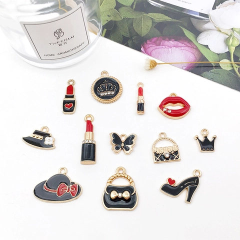 Alloy Enamel Lipstick High Heel Crown Hat Bag Butterfly Charms For Jewelry Making DIY Rhinestone Fashion Pendant Accessory