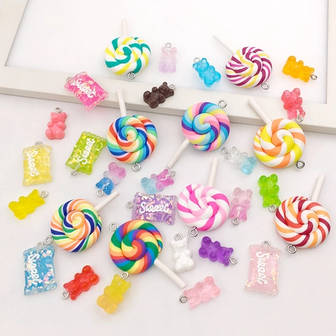 Resin Lollipop Bear Candy Pendants Colorful DIY Jewelry Making Accessories Handcrafted Charms For Phone Decor Crafting Projects