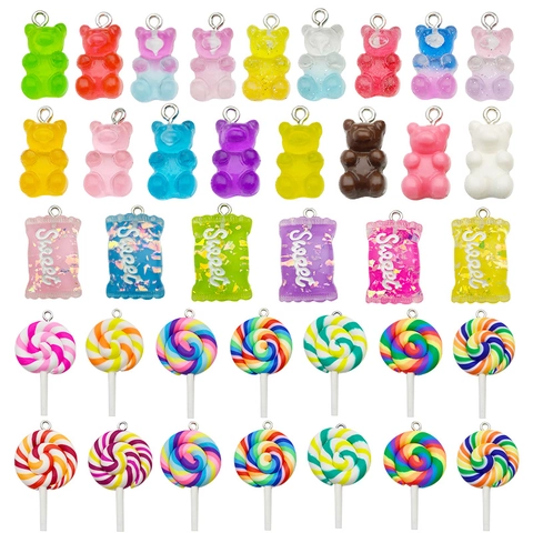 Simulation Lollipop Gummy Bear Candy Charms Resin Pendants DIY Jewelry Making Accessories For Keychains Bag Decor Sweet Colorful
