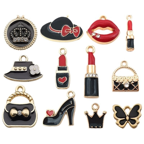 Alloy Enamel Lipstick High Heel Crown Hat Bag Butterfly Charms For Jewelry Making DIY Rhinestone Fashion Pendant Accessory