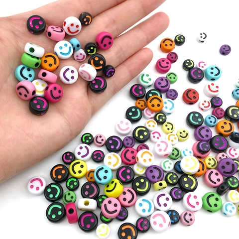 Acrylic Smiley Face Beads Round Flat Loose Beads Colorful Cartoon Expression Concave Beads For DIY Jewelry Making Bracelet Necklace Accessories