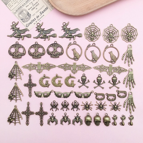 Vintage Alloy Halloween Pendant Set Skull Bat Witch Spider Pumpkin Cross Charms For DIY Necklace Bracelet Jewelry Making Women Gift