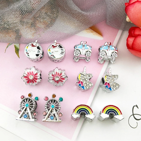 Alloy Drip Oil Enamel Large Hole Beads Cartoon Unicorn Rainbow Flower Pumpkin Carriage DIY Jewelry Making Beads For Bracelet