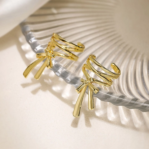 Elegant Copper Butterfly Bow Ribbon Ear Cuffs 18K Gold Plated Multi Layer Spiral Non Pierced Ear Clips For Women Small Jewelry