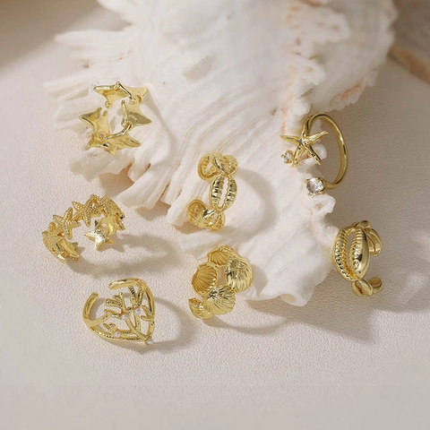 Anello Aperto Regolabile Serie Oceano per Donna Placcato Oro Argento Rame Conchiglia Stella Marina Corallo Gioielli