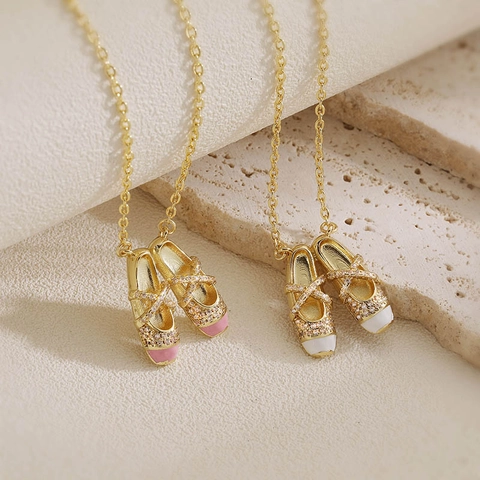 Sweet Luxury Ballet Shoes Pendant Necklace Copper Gold Plated Enamel Rhinestone Ballet Slippers Clavicle Chain Jewelry For Women Gift