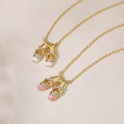 Sweet Luxury Ballet Shoes Pendant Necklace Copper Gold Plated Enamel Rhinestone Ballet Slippers Clavicle Chain Jewelry For Women Gift