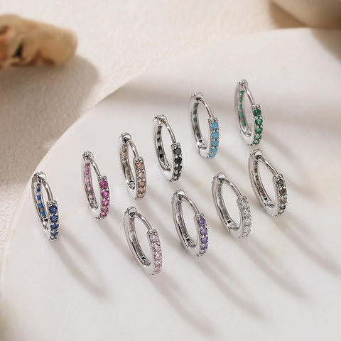 Luxury Copper Colorful Rhinestone Hoop Earrings For Women Gold White Gold Plated Huggie Round Earrings Fashion Party Jewelry