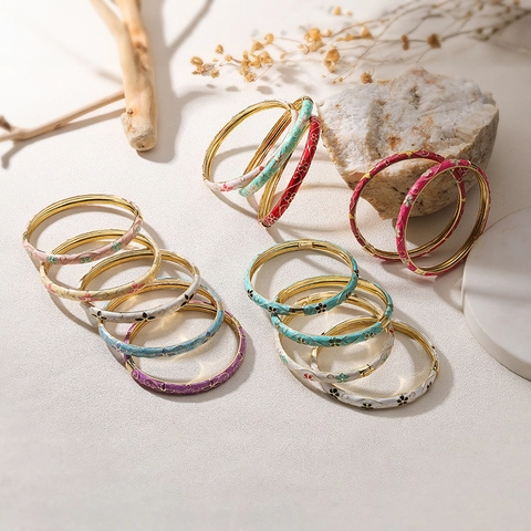 Brazalete de Flores de Esmalte Retro Para Mujer Dulce Colorido Estilo Palacio Abierto Trébol Camelia Joyas de Cobre