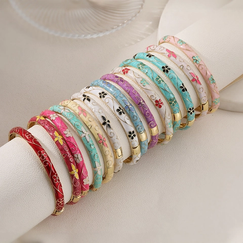 Brazalete de Flores de Esmalte Retro Para Mujer Dulce Colorido Estilo Palacio Abierto Trébol Camelia Joyas de Cobre