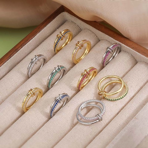 Luxury Copper Interlocking Double Circle Ring Women Hip Hop Stackable Cubic Zirconia Jewelry Gold Silver Plated Finger Ring