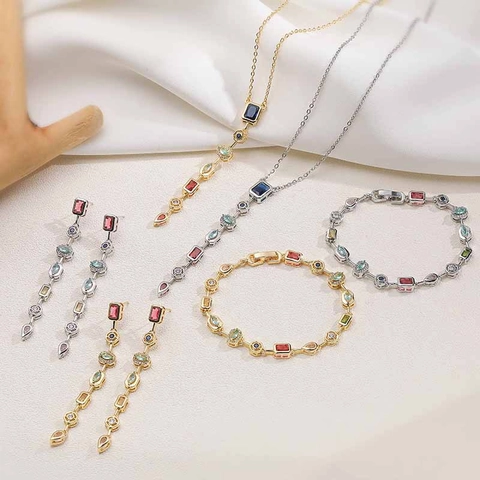 Luxus Kupfer Mehrfarbig Zirkonia Schmuckset Geometrischer Anhänger Halskette Ohrringe Armband Für Damen Hochzeit Party Schmuck
