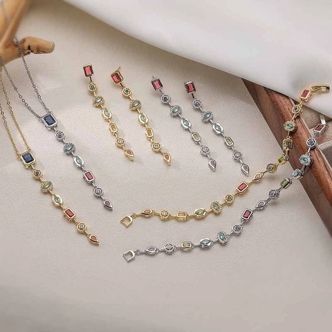 Luxus Kupfer Mehrfarbig Zirkonia Schmuckset Geometrischer Anhänger Halskette Ohrringe Armband Für Damen Hochzeit Party Schmuck