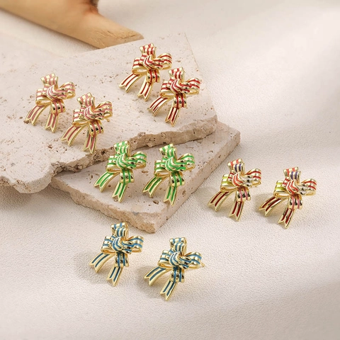 Sweet Copper Bow Stud Earrings Colorful Enamel Striped Ribbon Earrings For Women Christmas Festival Gift Daily Party Jewelry