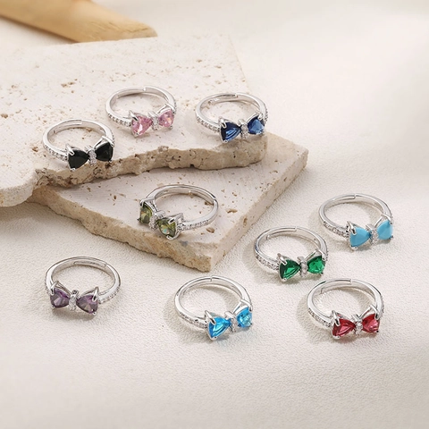 Elegant Bowknot Copper Zirconia Open Ring Adjustable Multi Color Light Luxury Rhinestone Finger Ring For Women Jewelry