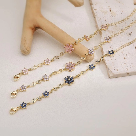 Elegant Copper Flower Leaf Bracelet For Women Gold Plated Zirconia Petal Floral Charm Link Bracelet Wedding Party Jewels