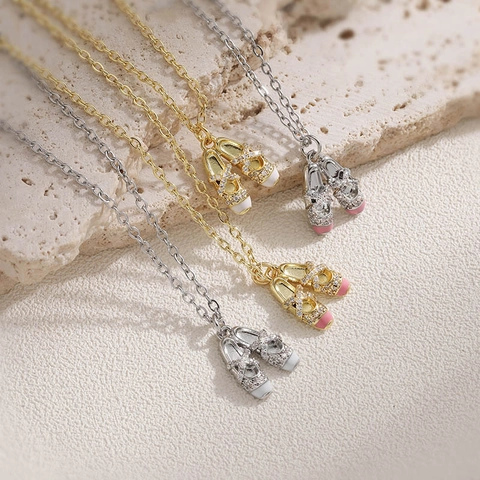 Zoete Balletschoen Sieraden Koper Zirkonia Dubbele Spitzen Hanger Ketting Oorknopjes Elegant Dansthema Dames Sieraden